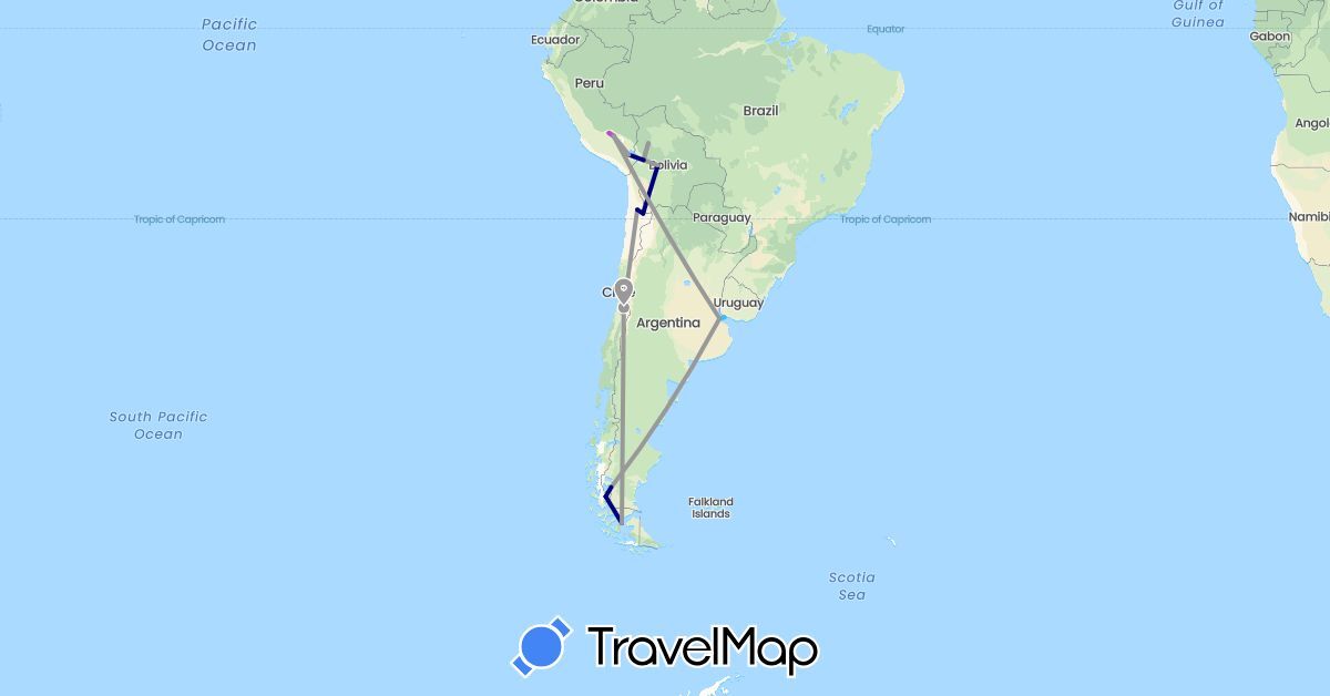 TravelMap itinerary: driving, plane, train, boat in Argentina, Bolivia, Chile, Peru, Uruguay (South America)